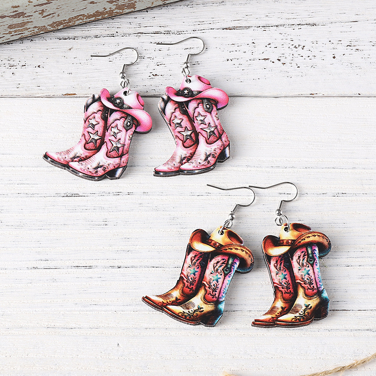 Wholesale Western style cowboy wooden double-sided earrings